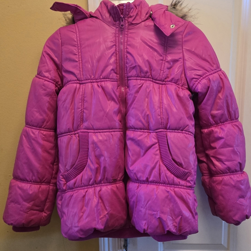The Children's Girls Kid Place Pink Puffer Jacket Coat With Faux Fur Hood 14